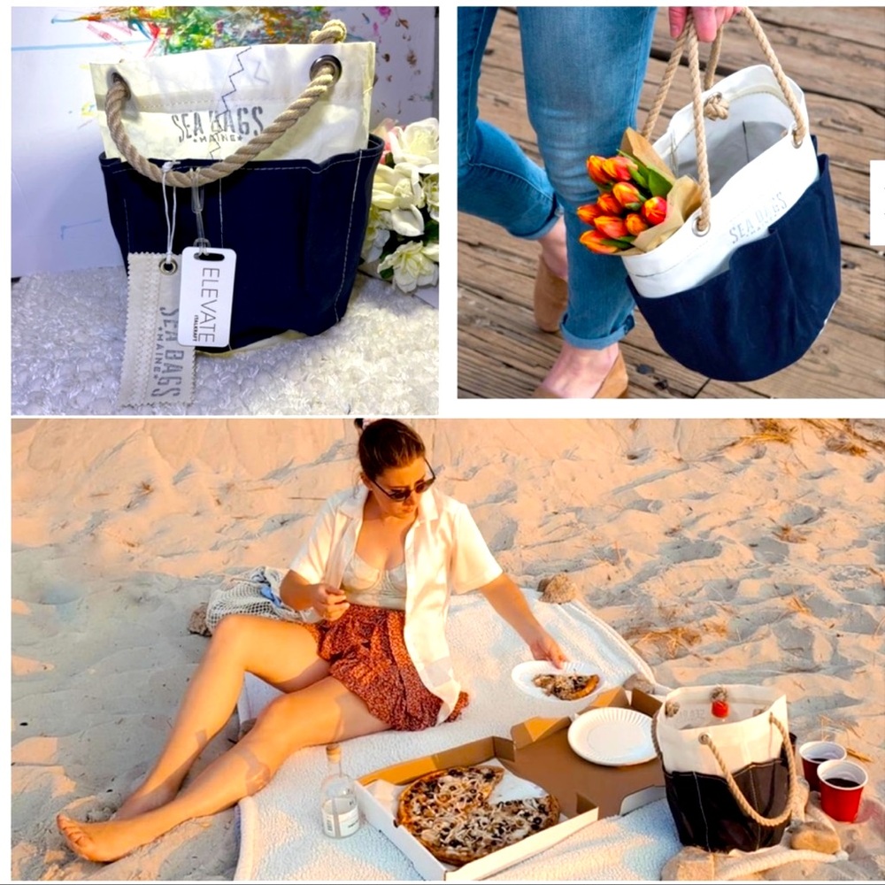 Sea Bags Navy and White Rope-Handle Canvas Tote